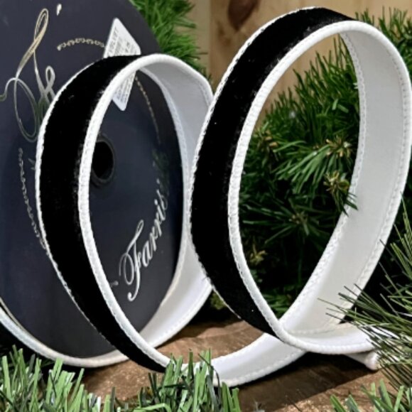 Black Two Tone Velvet Farrisilk 1 inch Christmas Ribbon for Tree Trim 10 yards - Picture 6 of 6